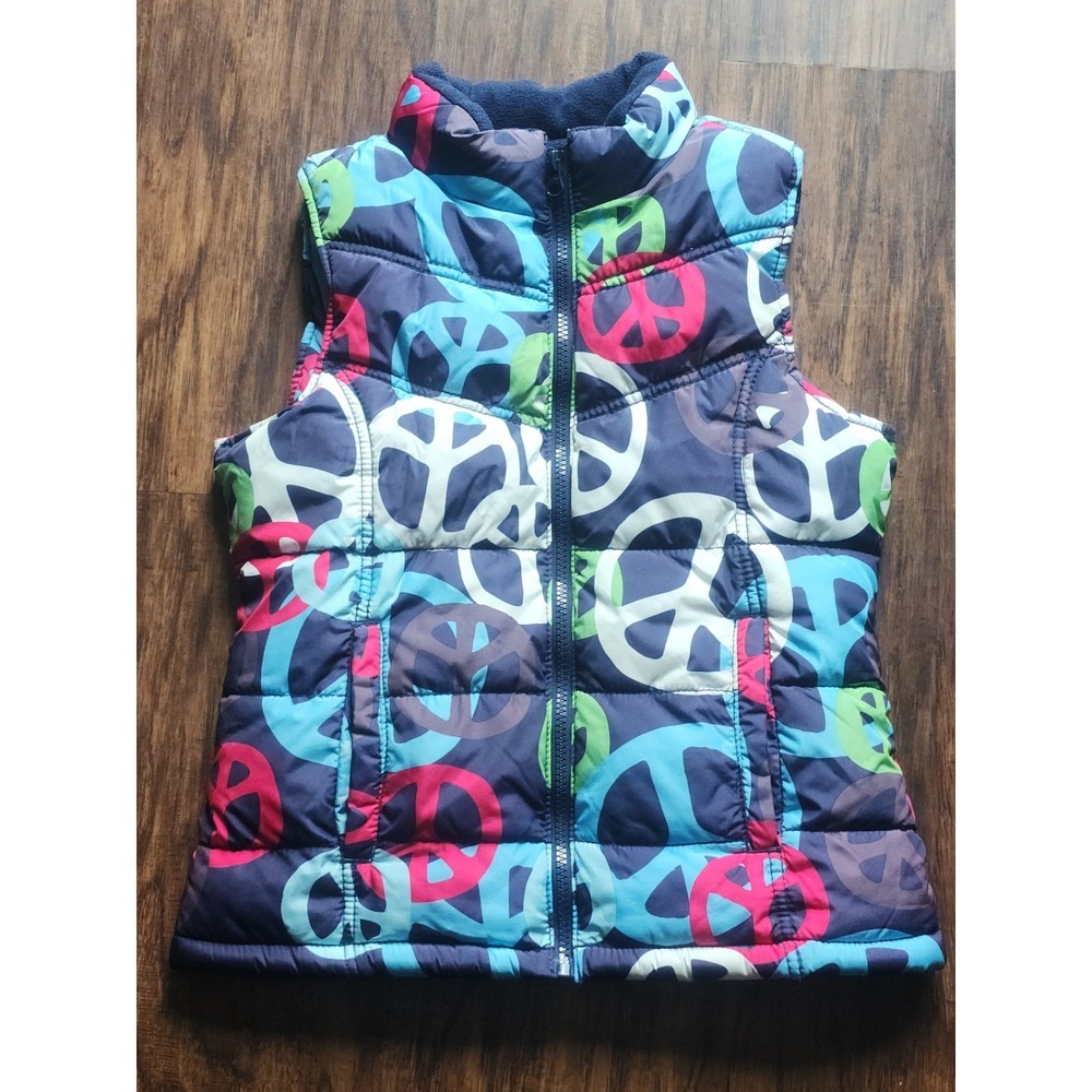 Girls Old Navy Vest Puffy Fleece Lined Front Zip Peace Sign Size Large 10 12 L